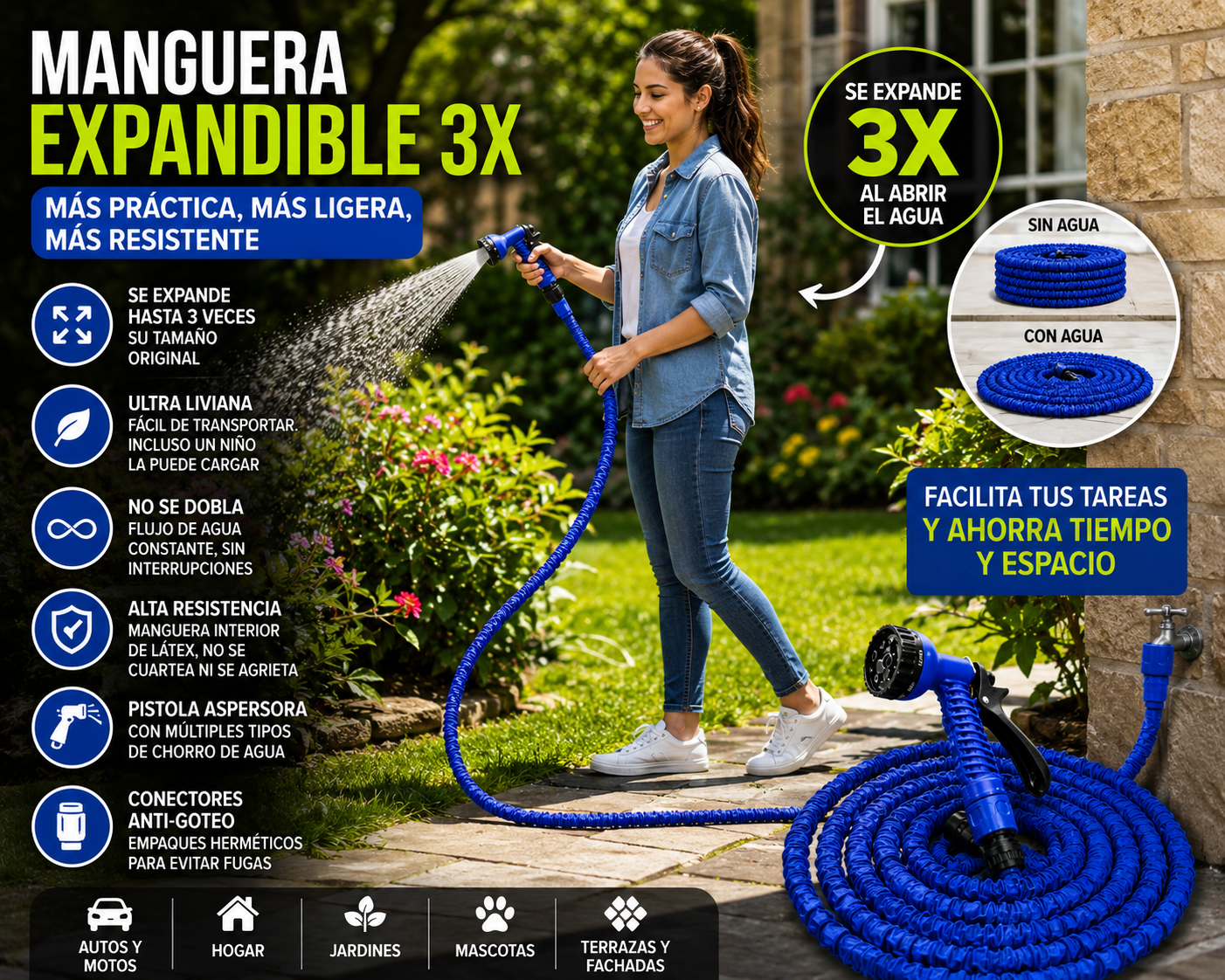 Manguera Expandible 3X Liviana con Pistola – No se Enreda ni se Dobla