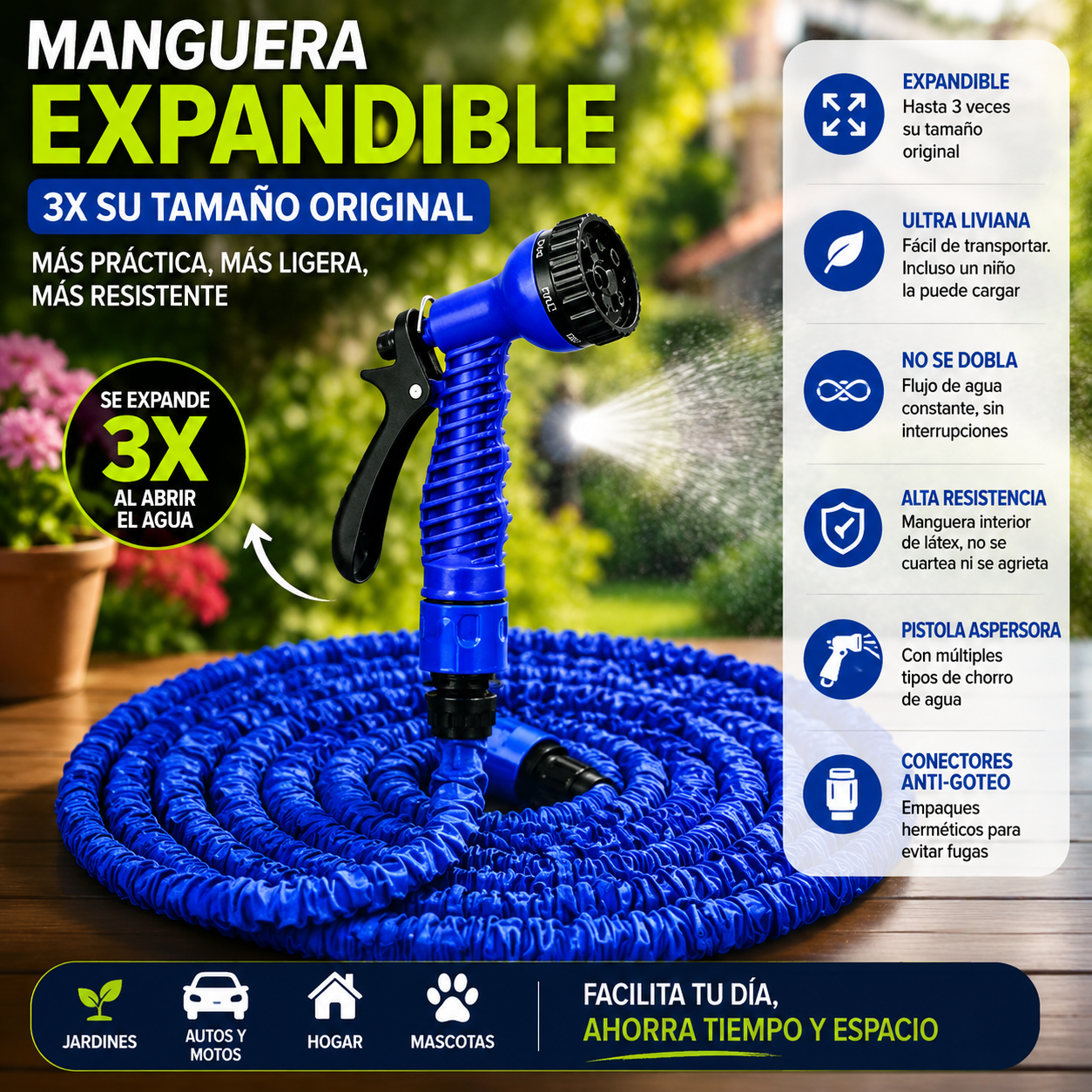 Manguera Expandible 3X Liviana con Pistola – No se Enreda ni se Dobla