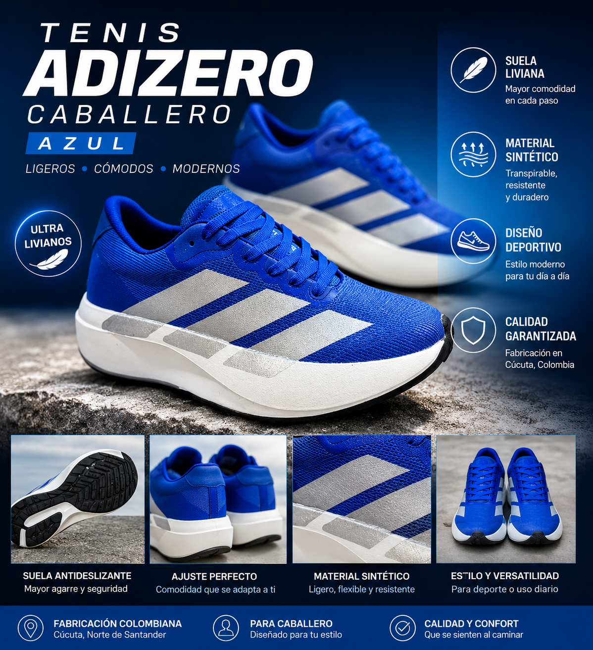 Tenis Adizero para Hombre – Estilo Deportivo, Ligeros y Resistentes (Azul)