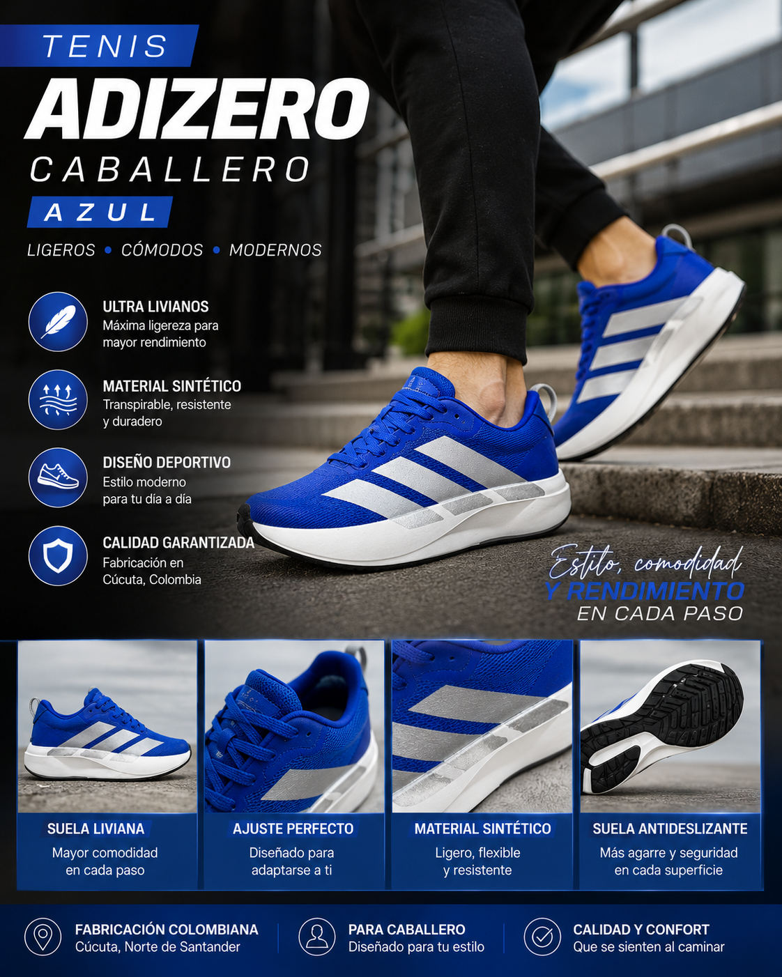 Tenis Adizero para Hombre – Estilo Deportivo, Ligeros y Resistentes (Azul)